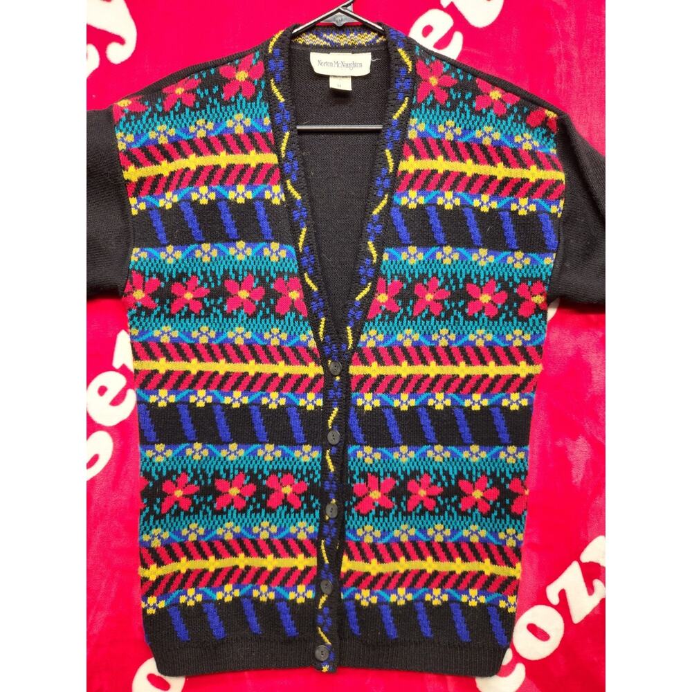 Norton McNaughton Vintage Cardigan Sweater Women Medium Colorful Floral Knit USA